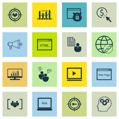 Anahtar kelime Pazarlama, dijital medya ve bağlantı konuları üzerinde Seo simgeler kümesi. Düzenlenebilir vektör çizim. Pazarlama, içerir kodu ve tıklayın vektör simgeler.