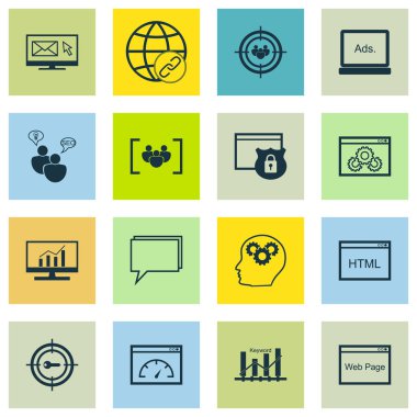 16 evrensel düzenlenebilir simgeleri bir dizi pazarlama, Seo ve reklam konular için. Beyin sürecinin, anket, bülten ve daha fazlası gibi simgeleri içerir.