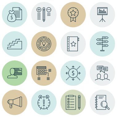 Rapor, zaman yönetimi ve sunumu konularda proje yönetimi simgeler kümesi. Düzenlenebilir vektör çizim. Hedef, sunum ve fikir vektör simgeler içerir.