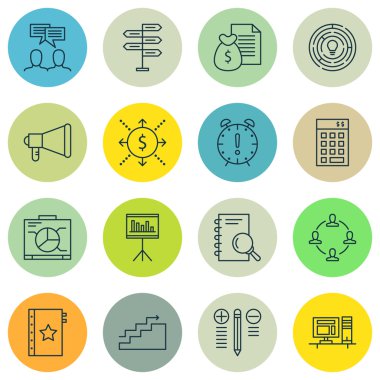 Yatırım, rapor ve fırsat konularda proje yönetimi simgeler kümesi. Düzenlenebilir vektör çizim. Toplantı, grafik ve istatistik vektör simgeler içerir.