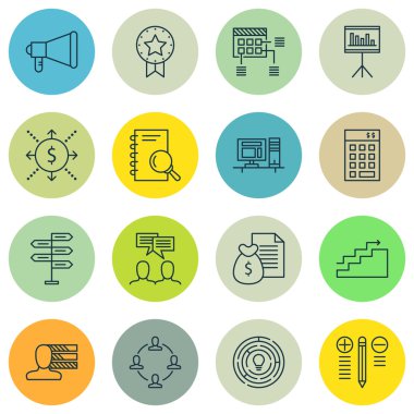 Proje Yönetimi simgeleri bilgisayar, Kişisel Beceri ve karar verme konular üzerinde ayarlayın. Düzenlenebilir vektör çizim. Çalışma alanı, içerir promosyon ve karar vektör simgeleri.