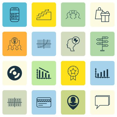 Seyahat, istatistik ve Pazarlama başlıklar için 16 evrensel düzenlenebilir simgeler kümesi. Boş Cd, banka kartı, fırsat ve daha fazlası gibi simgeleri içerir.