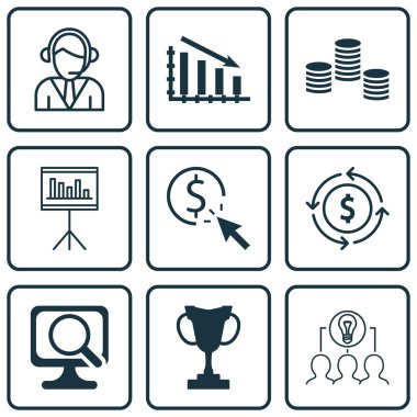 9 evrensel düzenlenebilir simgeler kümesi Seo, proje yönetimi ve seyahat konular için. Fail grafik, tanıtımı, dizüstü bilgisayar ve daha fazlası gibi simgeleri içerir.