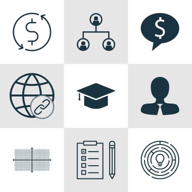 9 evrensel düzenlenebilir simgeler kümesi istatistik, proje yönetimi ve insan kaynakları konular için. Yenilik, kare diyagramı, para Trasnfer ve daha fazlası gibi simgeleri içerir.