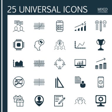 İşletme Yönetimi, istatistik ve eğitim konuları için 25 evrensel düzenlenebilir simgeler kümesi. Hesaplama, rapor, yasak cep ve daha fazlası gibi simgeleri içerir.