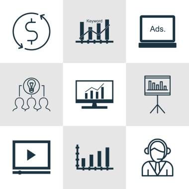 9 evrensel düzenlenebilir simgeler kümesi Seo, reklam ve Havaalanı konular için. Anahtar kelime optimizasyonu, dijital medya, tanıtımı ve daha fazlası gibi simgeleri içerir.