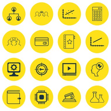 İşletme Yönetimi, insan kaynakları ve bilgisayar donanım konuları için 16 evrensel düzenlenebilir simgeler kümesi. Chip, cüzdan, kimyasal ve daha fazlası gibi simgeleri içerir.