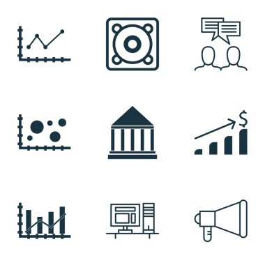 9 evrensel düzenlenebilir simgeleri bir dizi proje yönetimi, eğitim ve bilgisayar donanım konuları için. Yükseltme diyagramı, bilgisayar, değişiklikleri grafik ve daha fazlası gibi simgeleri içerir.