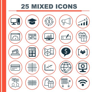 Proje Yönetimi, bilgisayar donanım ve eğitim konuları için 25 evrensel düzenlenebilir simgeler kümesi. Mezuniyet, Cosinus diyagramı, duyuru ve daha fazlası gibi simgeleri içerir.