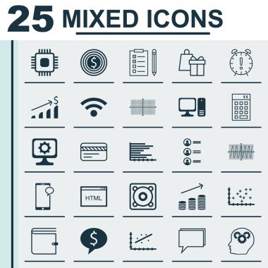Pazarlama, istatistik ve proje yönetimi konuları için 25 evrensel düzenlenebilir simgeler kümesi. Mesajlaşma gibi Özet Diyagram, kablosuz ve daha fazlasını içeren.