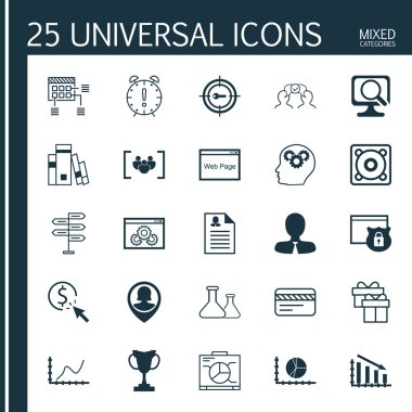 İnsan kaynakları, reklam ve bilgisayar donanım konuları için 25 evrensel düzenlenebilir simgeler kümesi. Soru formu, Kütüphane, Web sitesi ve daha fazlası gibi simgeleri içerir.