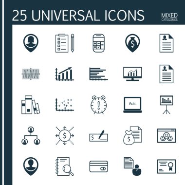 İnsan kaynakları, eğitim ve Seo konular için 25 evrensel düzenlenebilir simgeler kümesi. Hesaplama, uyarı mektubu, çalışanın konumu ve daha fazlası gibi simgeleri içerir.