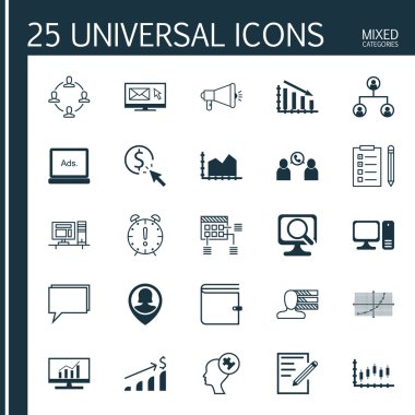 Pazarlama, reklam ve insan kaynakları konular için 25 evrensel düzenlenebilir simgeler kümesi. İnsan zihni, işbirliği, dizüstü bilgisayar ve daha fazla gibi simgeleri içerir.