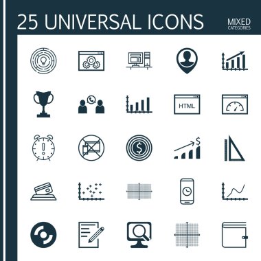 25 evrensel düzenlenebilir simgeleri bir dizi eğitim, reklamcılık ve ulaşım konular. Turnuva, kar grafiği, grafik ızgara ve daha fazlası gibi simgeleri içerir.
