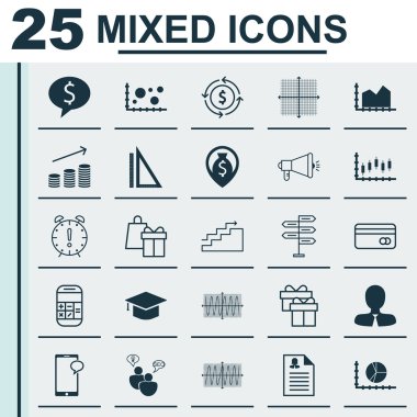 Pazarlama, seyahat için 25 evrensel düzenlenebilir simgeler ve ulaşım konular kümesi. İş anlaşması, alışveriş, medya kampanyası ve daha fazlası gibi simgeleri içerir.