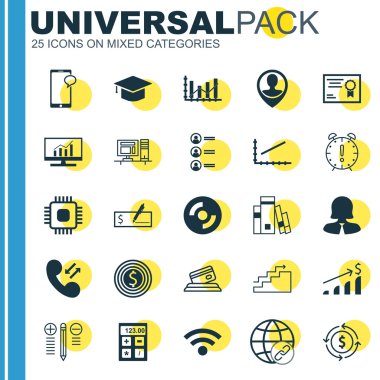 Seo, eğitim ve yönetimi konuları için 25 evrensel düzenlenebilir simgeler kümesi. Çalışanın konumu, bağlantılar, büyüme ve daha fazla gibi simgeleri içerir.