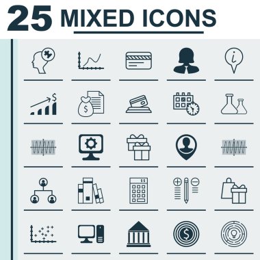 İnsan kaynakları, eğitim ve okul için 25 evrensel düzenlenebilir simgeler kümesi. Pc, bilgi işaretçi, başarı grafik ve daha fazlası gibi simgeleri içerir.