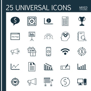 Pazarlama, reklam ve yönetimi konuları için 25 evrensel düzenlenebilir simgeler kümesi. Web sitesi, para geri dönüşüm gibi masaüstü bilgisayar ve daha fazlasını içeren.