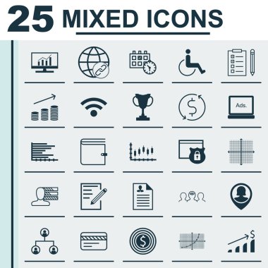 Proje Yönetimi, taşımacılık ve bilgisayar donanım konuları için 25 evrensel düzenlenebilir simgeler kümesi. Güvenlik, kablosuz, grafik ızgara ve daha fazlası gibi simgeleri içerir.