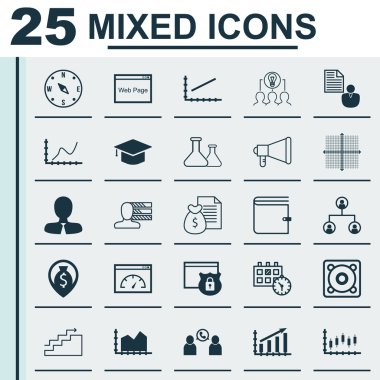 Bilgisayar donanım, insan kaynakları ve seyahat konular 25 evrensel düzenlenebilir simgeler kümesi. Başarı grafiği, mezuniyet, birlikte çalışma çözümü ve daha fazlası gibi simgeleri içerir.