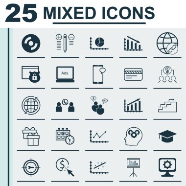 25 evrensel düzenlenebilir simgeleri bir dizi proje yönetimi, pazarlama ve okul için. Ppc, telefon konferansı, mezuniyet ve daha fazlası gibi simgeleri içerir.