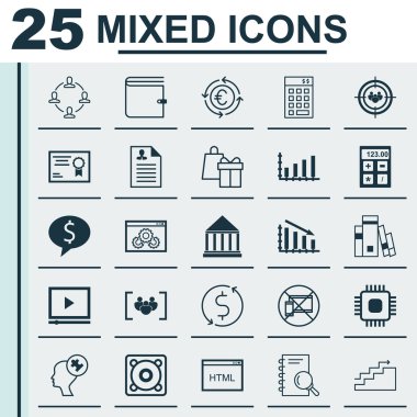 İnsan kaynakları, reklam ve proje yönetimi konuları için 25 evrensel düzenlenebilir simgeler kümesi. İşbirliği, mali, Kütüphane ve daha fazlası gibi simgeleri içerir.