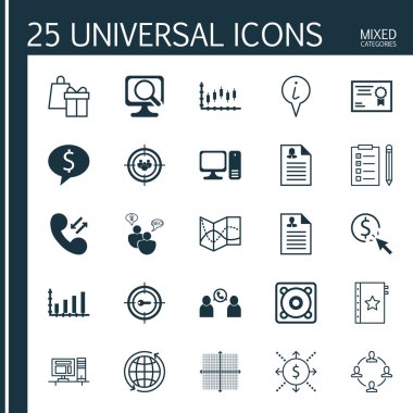 25 evrensel düzenlenebilir simgeler kümesi istatistik, insan kaynakları ve yönetim konuları için. Masaüstü bilgisayar, alışveriş, borsa ve daha fazlası gibi simgeleri içerir.