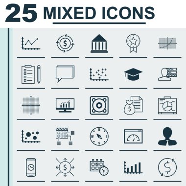 Eğitim, reklamcılık ve bilgisayar donanım konuları 25 evrensel düzenlenebilir simgeler kümesi. Eğitim Merkezi, para, konferans ve daha fazlası gibi simgeleri içerir.