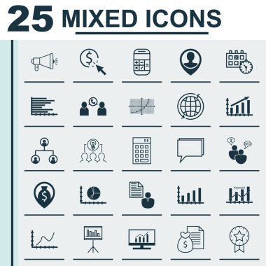 25 evrensel düzenlenebilir simgeler kümesi istatistikleri, reklam ve iş yönetimi konuları için. Dynamics, çubuk grafik, birlikte çalışma çözümü ve daha fazlası gibi simgeleri içerir.