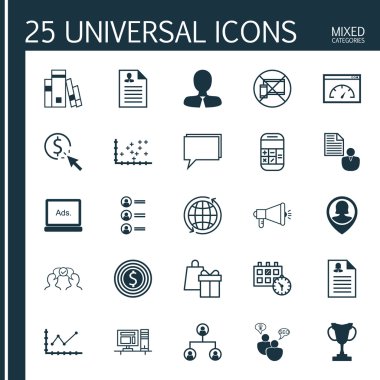 25 evrensel düzenlenebilir simgeler kümesi yönetim, pazarlama ve nakliye konular. Rapor gibi simgeleri arsa diyagramı, değişiklikleri grafik ve daha fazlasını içerir.