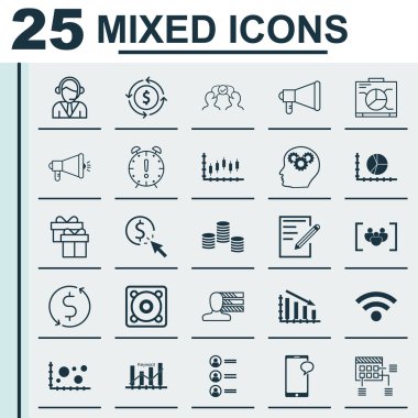 25 evrensel düzenlenebilir simgeleri bir dizi proje yönetimi, seyahat ve insan kaynakları konular için. Ppc, kablosuz, duyuru ve daha fazlası gibi simgeleri içerir.