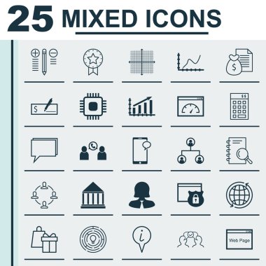 İnsan kaynakları, pazarlama ve eğitim konuları için 25 evrensel düzenlenebilir simgeler kümesi. Web sitesi, alışveriş, bilgi işaretçi ve daha fazlası gibi simgeleri içerir.