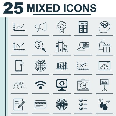 Pazarlama, turizm ve bilgisayar donanım konuları için 25 evrensel düzenlenebilir simgeler kümesi. Gibi yükleme hızı, işbirliği, Analytics ve daha fazlasını içeren.