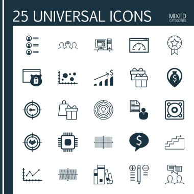 25 evrensel düzenlenebilir simgeleri bir dizi proje yönetimi, okul ve insan kaynakları konular için. Büyüme, Cosinus diyagramı, mevcut rozet ve daha fazlası gibi simgeleri içerir.