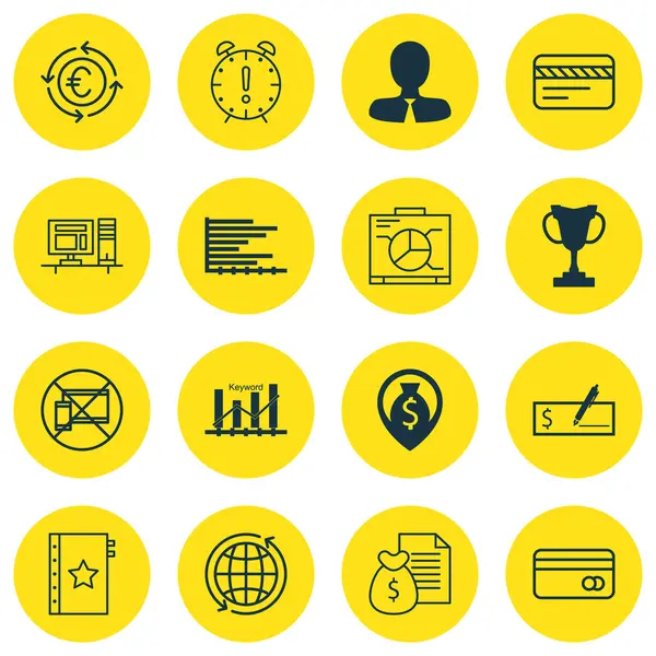 Conjunto de 16 iconos editables universales para temas de recursos humanos, viajes y gestión de proyectos. Incluye iconos tales como informe, tablero, gráfico de barras y más . — Vector de stock