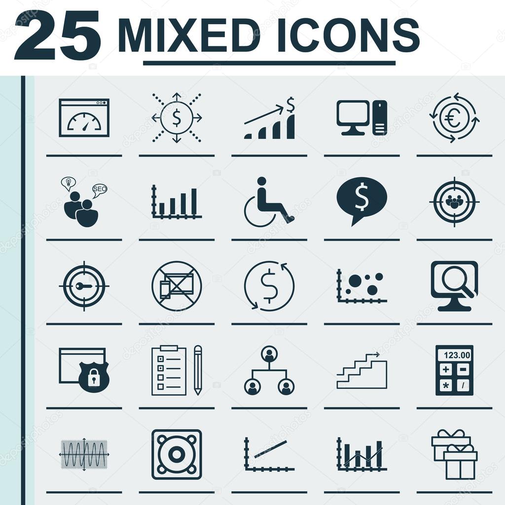 Set Of 25 Universal Editable Icons For Traveling, Hr And Computer Hardware Topics. Includes Icons Such As Security, Currency Recycle, Successful Investment And More.