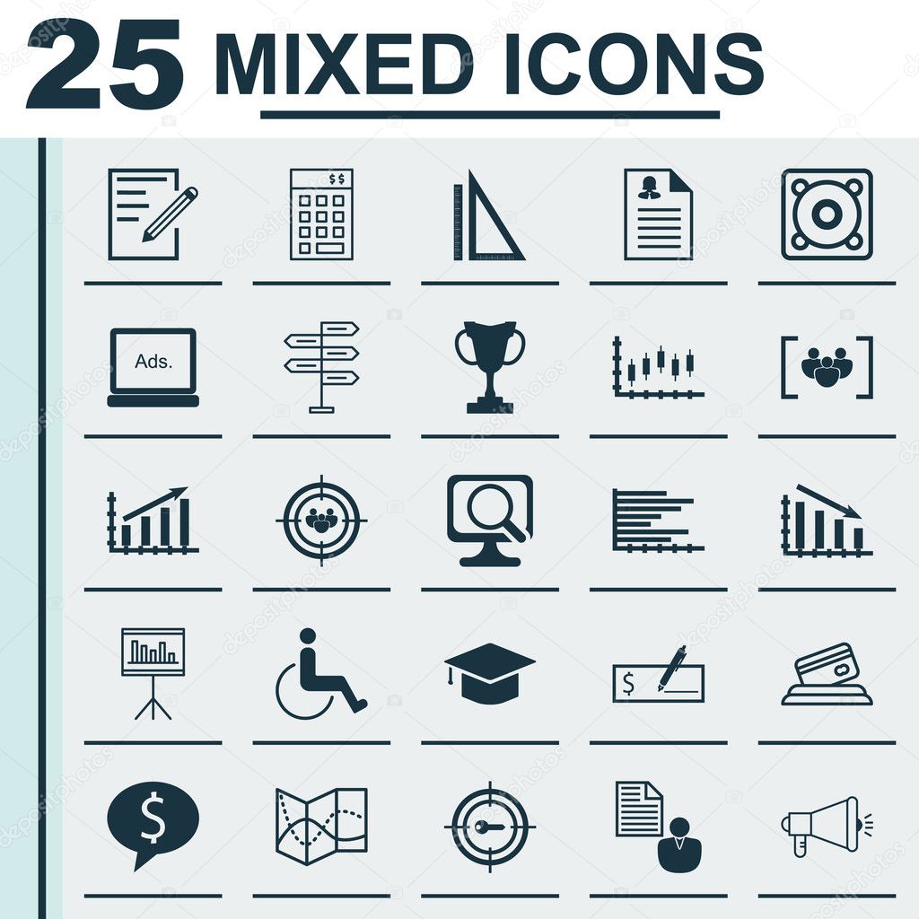 Set Of 25 Universal Editable Icons For Management, Travel And School Topics. Includes Icons Such As Keyword Marketing, Report, Profit Graph And More.