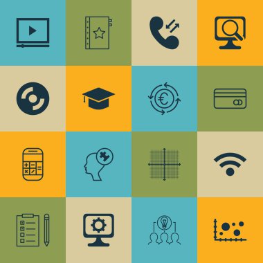 16 tane ayarla evrensel düzenlenebilir kutsal kişilerin resmi için istatistik, proje yönetimi ve konular seyahat. Garanti, Pc, mezuniyet ve daha fazlası gibi simgeleri içerir.