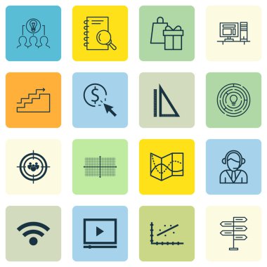 16 evrensel düzenlenebilir simgeleri bir dizi proje yönetimi, iş yönetimi ve Seo konular. Video oynatıcı, analiz, bilgisayar ve daha fazlası gibi simgeleri içerir.