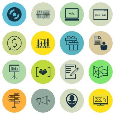 16 evrensel düzenlenebilir simgeler kümesi istatistik, bilgisayar donanım ve ulaşım konular için. Soru formu, Web sitesi ve daha fazla medya kampanyası gibi simgeleri içerir.