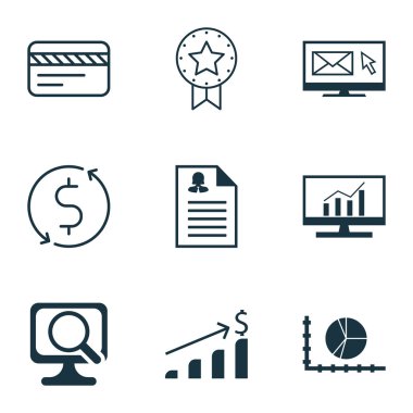 9 evrensel düzenlenebilir simgeler kümesi seyahat, proje yönetimi ve istatistik konular için. Başarılı yatırım, bülten, Pazar araştırması ve daha fazlası gibi simgeleri içerir.