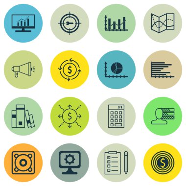 Seo, istatistik ve bilgisayar donanım konuları için 16 evrensel düzenlenebilir simgeler kümesi. Müzik, Pazar araştırması, Kütüphane ve daha fazlası gibi simgeleri içerir.