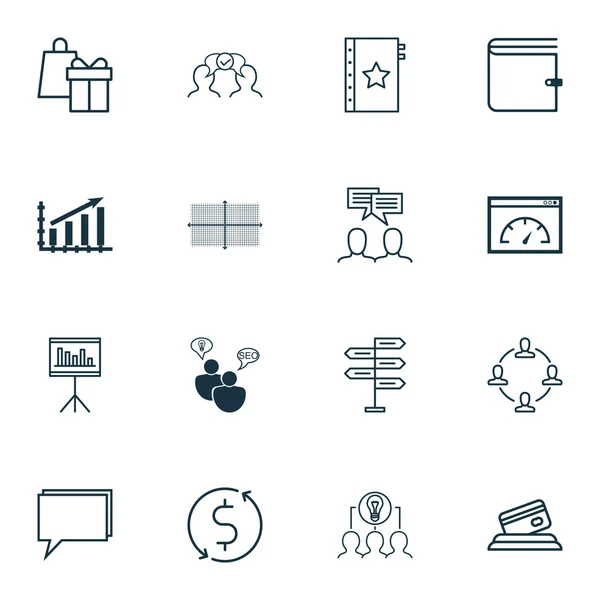 Conjunto de 16 iconos editables universales para temas de marketing, viajes y publicidad. Incluye iconos como solución colaborativa, compras, diagrama cuadrado y más . — Vector de stock