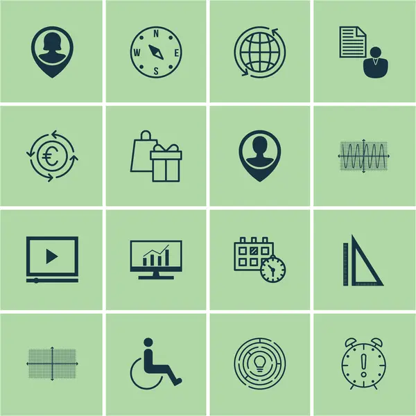 Conjunto de 16 iconos editables universales para temas de aeropuerto, educación y estadísticas. Incluye iconos como el reciclaje de divisas, medición, gestión del tiempo y más . — Vector de stock