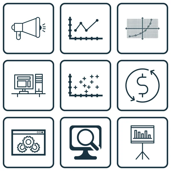 Set di 9 icone modificabili universali per statistiche, aeroporto e argomenti SEO. Include icone come computer portatile, campagna multimediale, diagramma di trama e altro ancora . — Vettoriale Stock