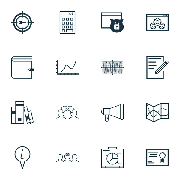 Conjunto de 16 iconos editables universales para temas de marketing, escuela y recursos humanos. Incluye iconos como la cooperación, la inversión, el gráfico Sinus y más . — Vector de stock