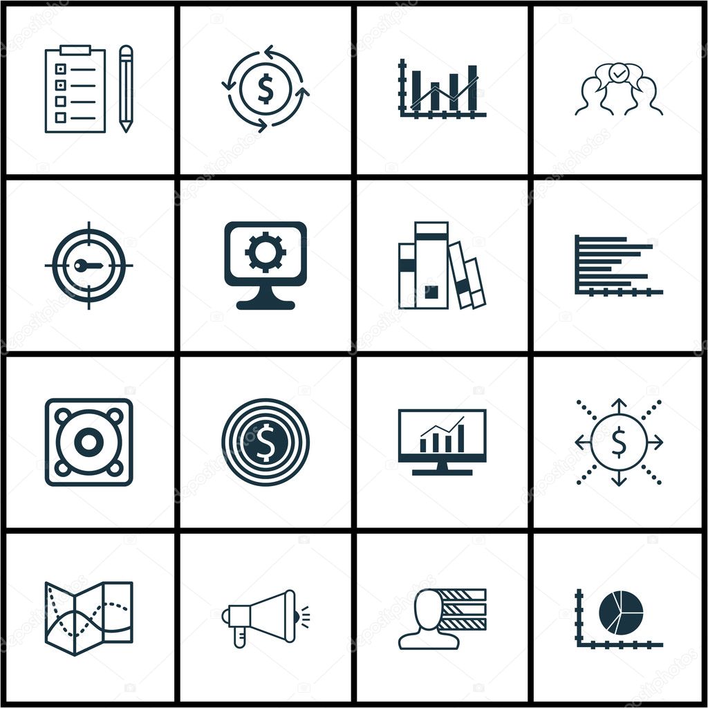 Set Of 16 Universal Editable Icons For Advertising, Statistics And Computer Hardware Topics. Includes Icons Such As Business Goal, Library, Market Research And More.