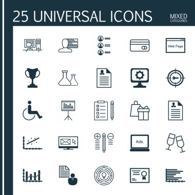 25 evrensel düzenlenebilir simgeler kümesi. Web, mobil ve App tasarım için kullanılabilir. Erişilebilirlik, tanıtımı, Pc ve daha fazlası gibi simgeleri içerir.