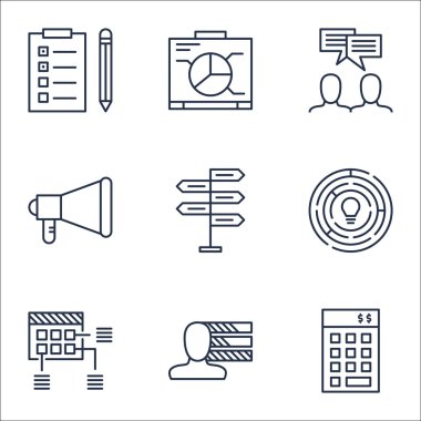 Uyarı mektubu, zamanlama ve yenilik konularda proje yönetimi simgeler kümesi. Düzenlenebilir vektör çizim. Uyarı mektubu, görev ve duyuru vektör simgeler içerir.