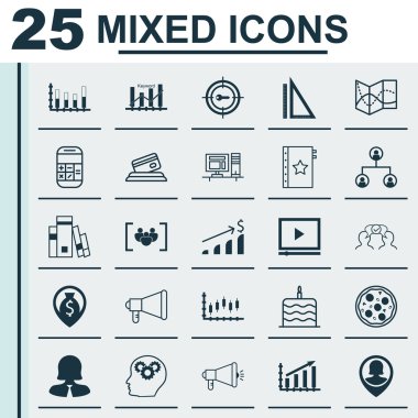 25 evrensel düzenlenebilir simgeler kümesi. Web, mobil ve App tasarım için kullanılabilir. Beyin sürecinin, Kütüphane ve iş kadını gibi simgeleri içerir.